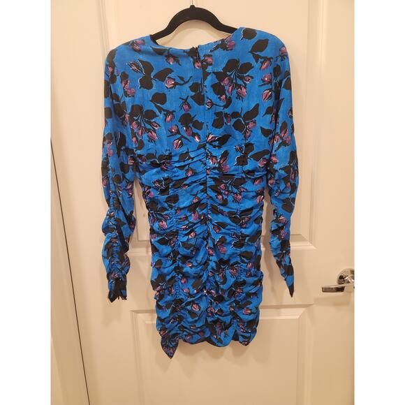 Zara Blue Floral Print Ruched Fitted Long Sleeved Mini Dress - Picture 3 of 12